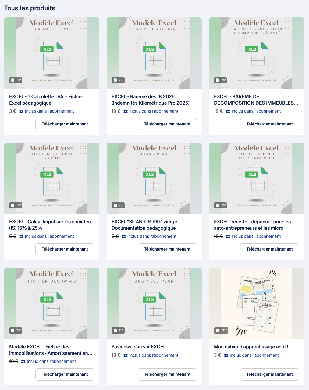La boutique des tableurs et des outils sur la plateforme de cours en ligne PRAXIUM en Cévennes